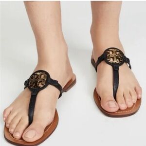 Tory Burch Women  Mini Miller Leather Thong Sandals Perfect Black Sz 8 preowned